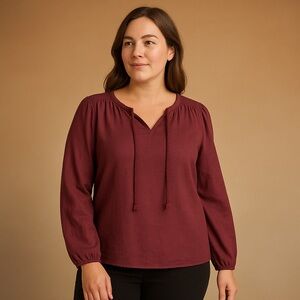 Denver Hayes Cherry Red Peasant Top M Linen Viscose Long Sleeve Boho Cottagecore